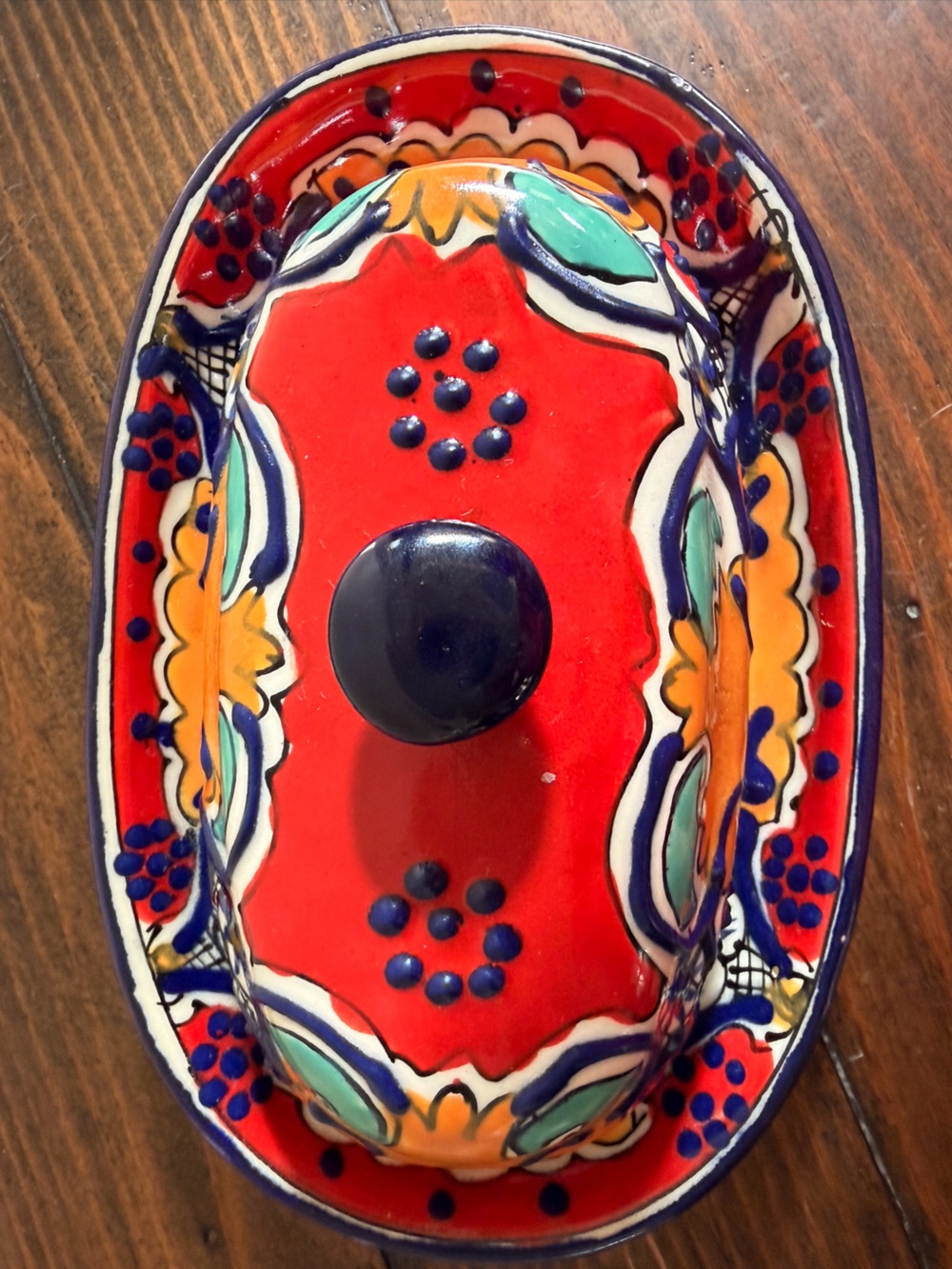 Hand-Painted Ceramic Butter Dish in Red and Multicolor